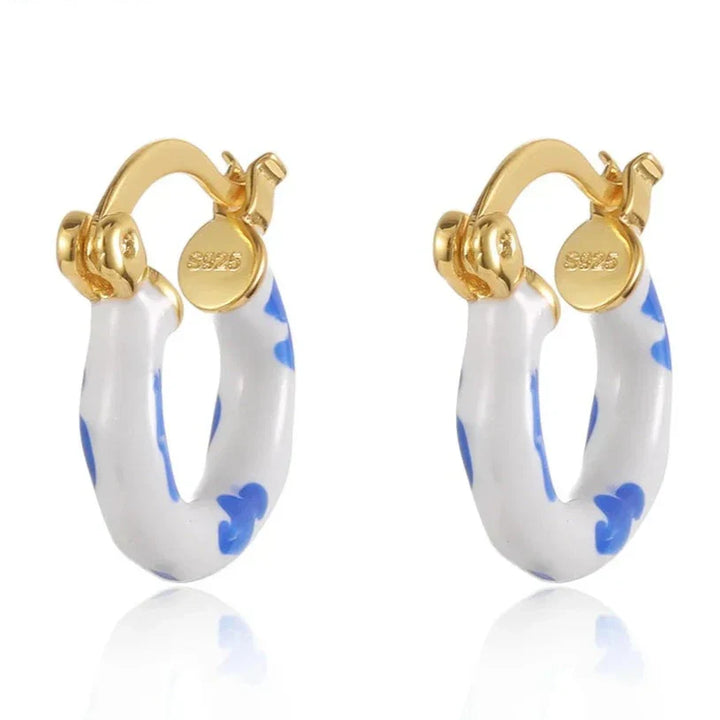 Gold Plated Vintage Blue & White Porcelain Earrings